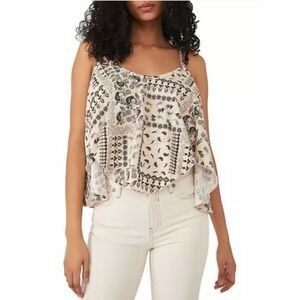 Free People We The Free Beige/Black Floral Paisley Strappy High Low Shirt